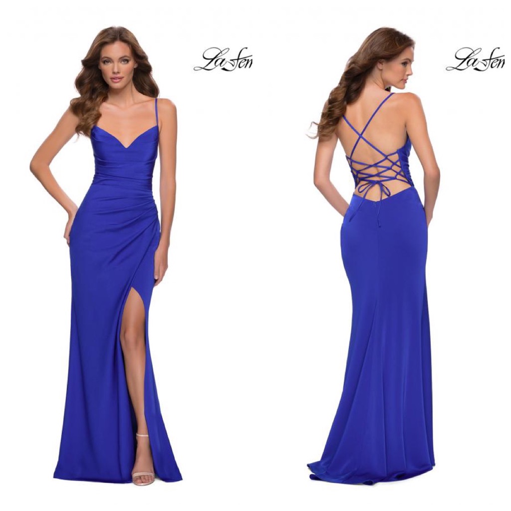 La Femme 29615 Lace Up Royal Blue Trumpet Gown Dress